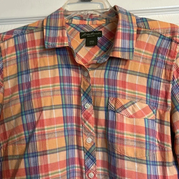 Eddie Bauer women’s orange plaid button down shirt size medium - Picture 2 of 8
